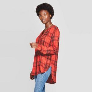 Womens Plaid Long Sleeve V-Neck Rayon Twill Tunic